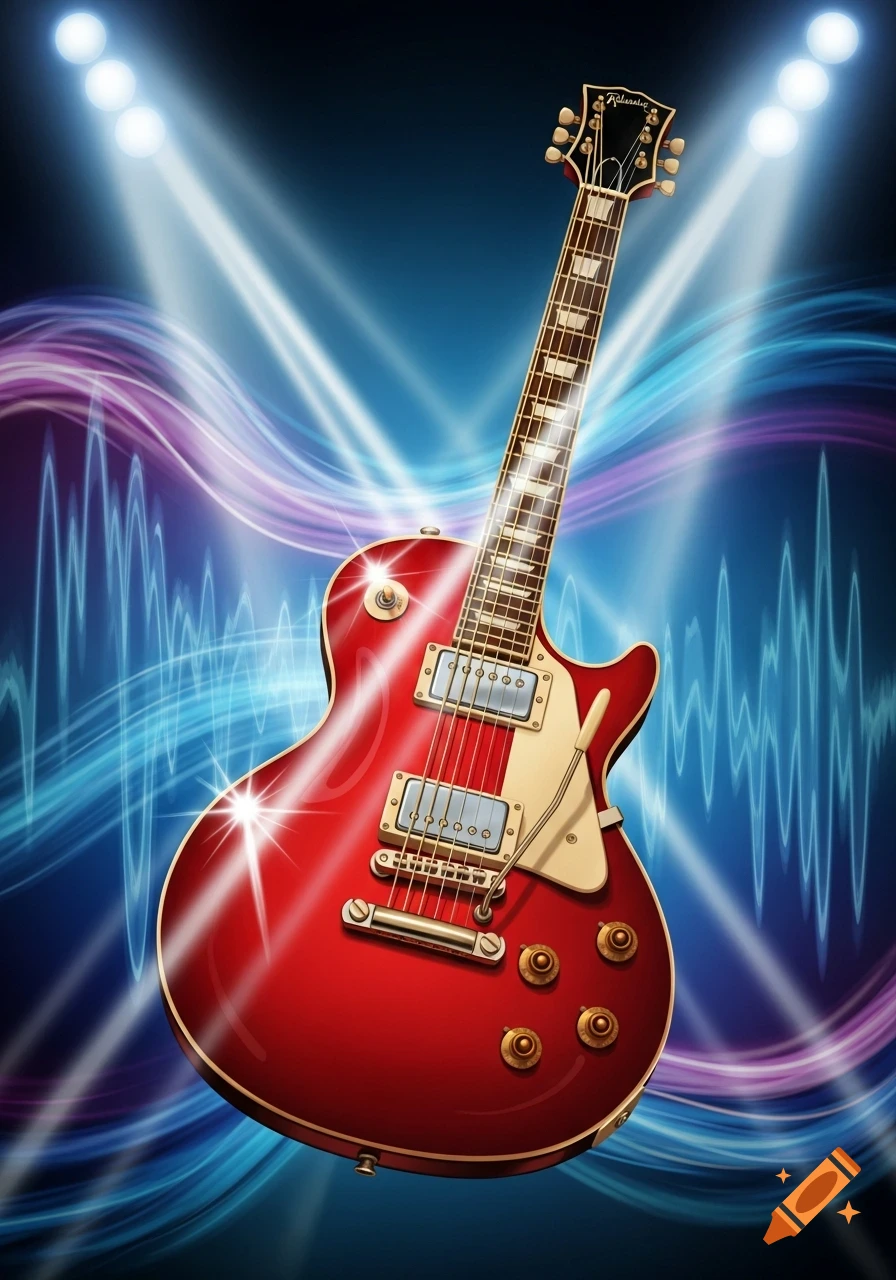 A vibrant red electric guitar illuminated by spotlights against a dynamic blue and purple background with sound waves.