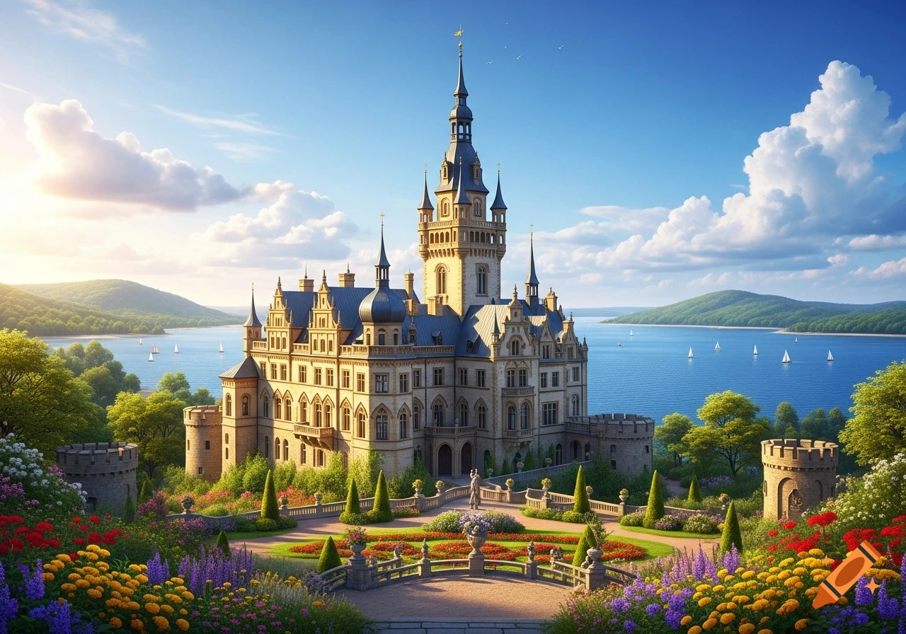 A majestic castle with multiple towers stands by a serene blue lake surrounded by rolling green hills and vibrant flower gardens.