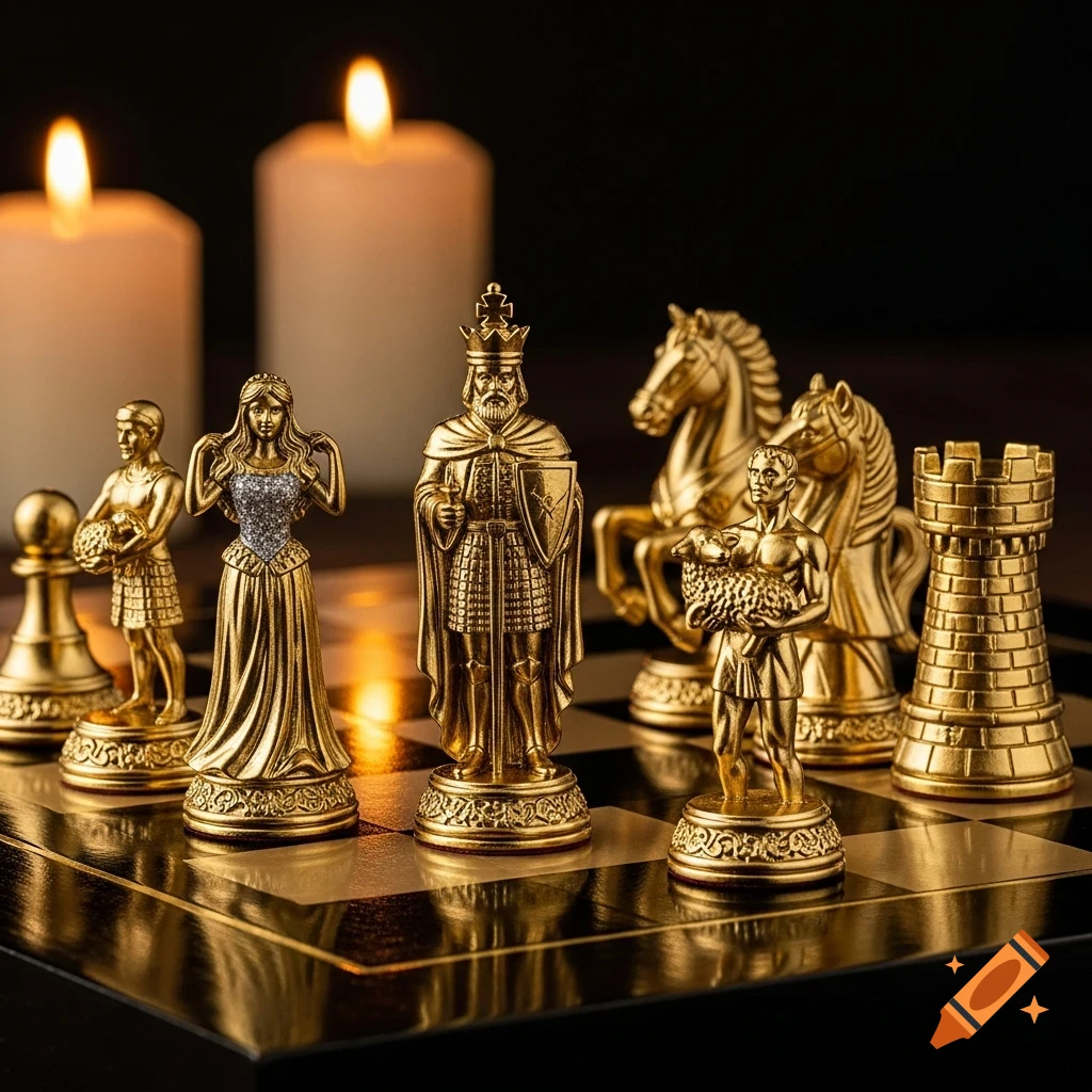 Ornate golden chess pieces, including a king, queen, bishop, knight, and rook, stand on a dark chessboard with blurred candles in the background.