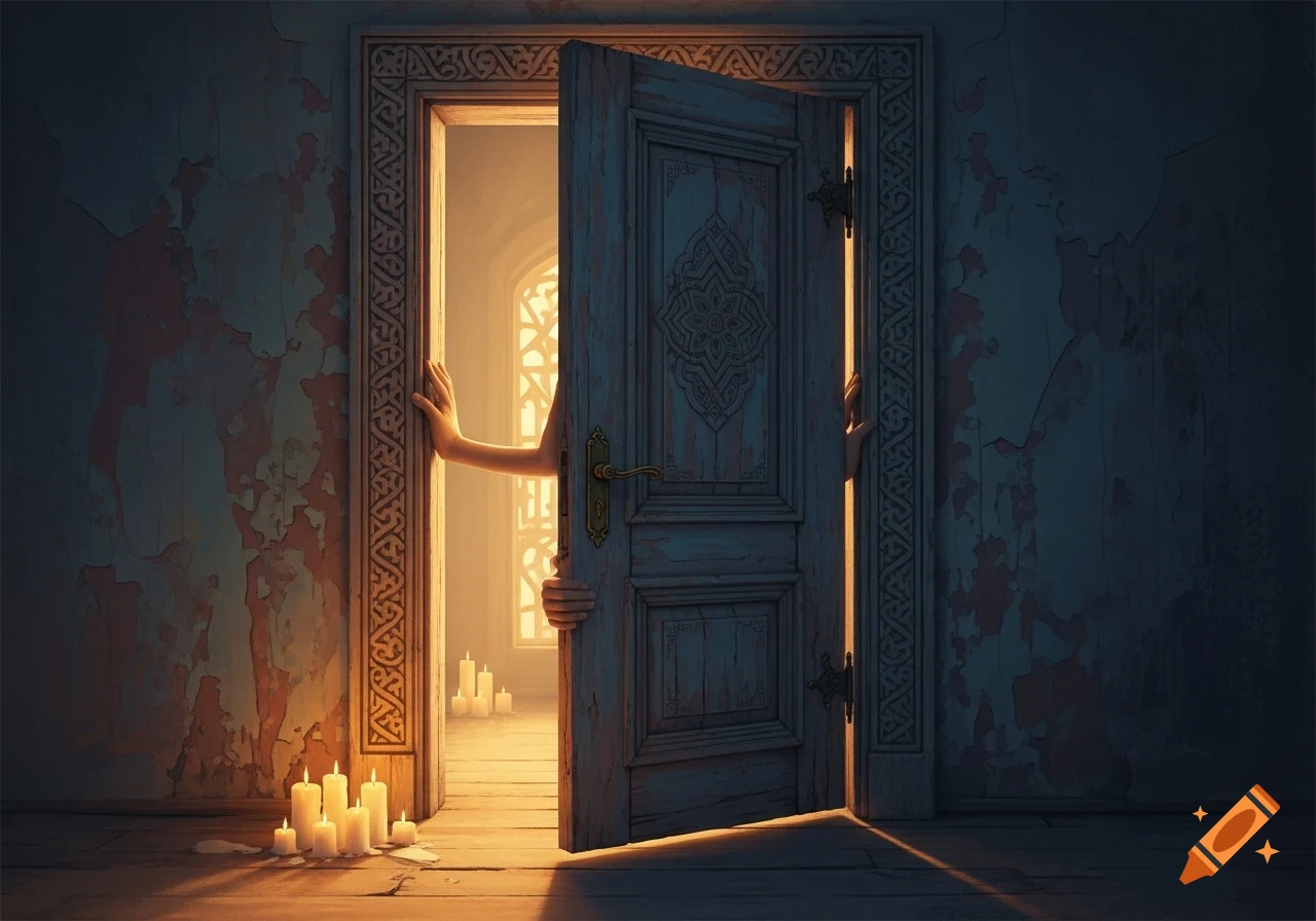 A stylized image of an old, half-open wooden door, revealing a brightly lit room with more candles inside. Two hands subtly push the door from the other side, casting long shadows. Candles are lit on the dark, peeling floor in the foreground, creating a warm glow.