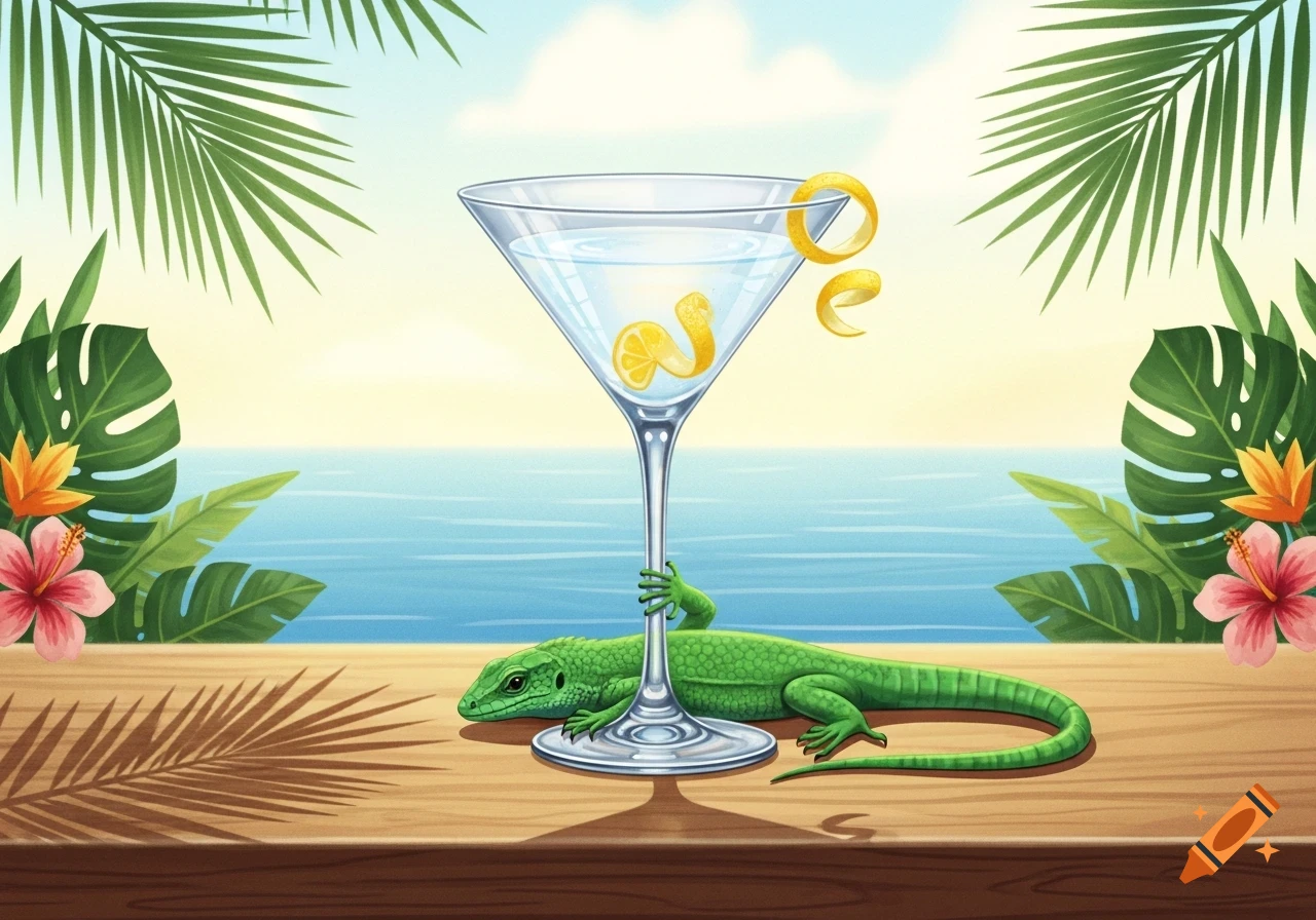 A green lizard holds a martini glass with a lemon peel garnish on a wooden table, overlooking a tropical beach scene. Illustrated.