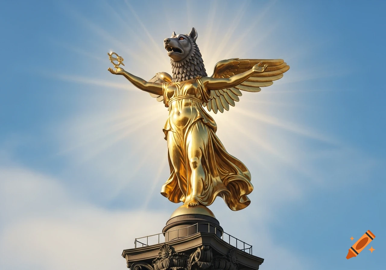 A golden winged statue with a wolf head on a pedestal, bathed in sunlight against a clear blue sky.
