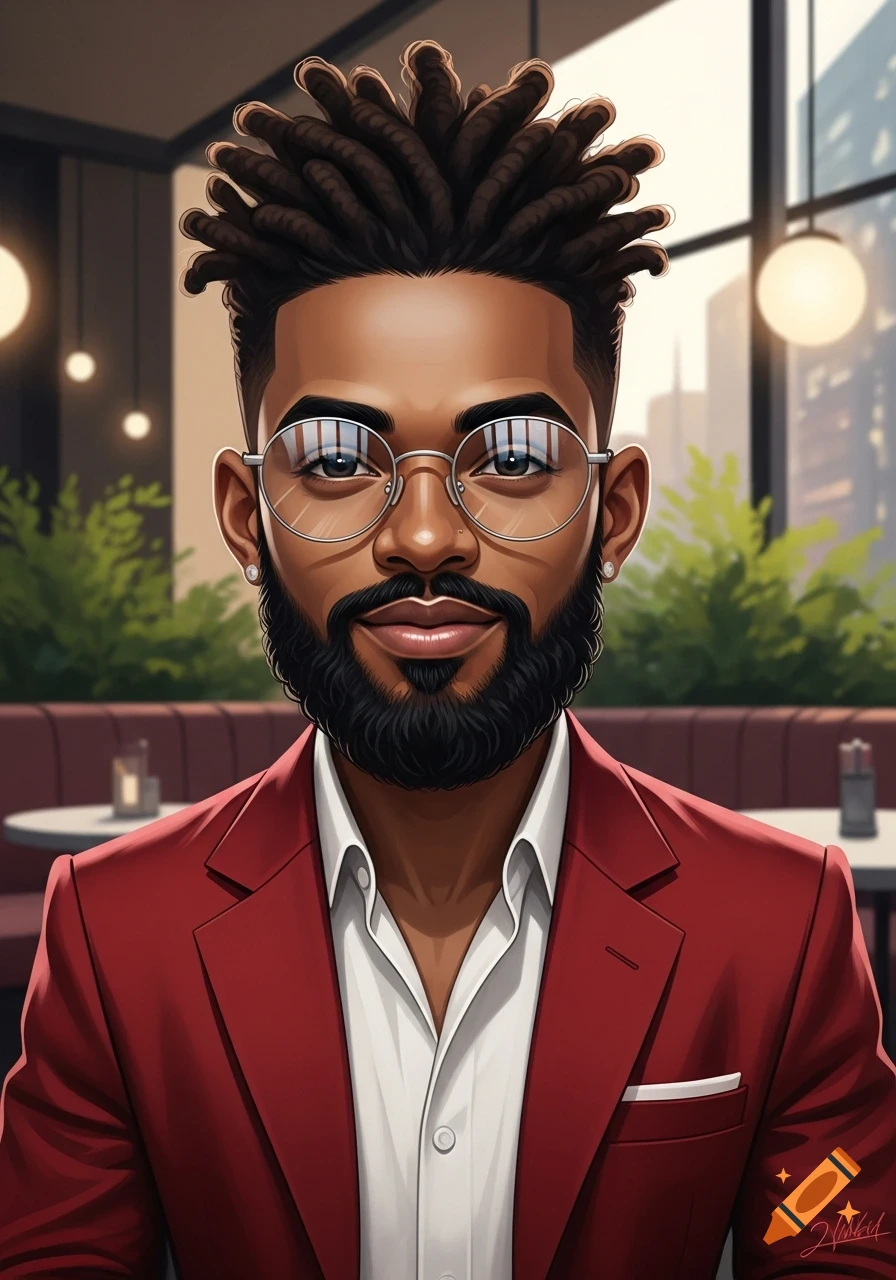 Stylized portrait of a smiling man with dreadlocks, a beard, and silver glasses, wearing a white shirt and red jacket in a modern interior.