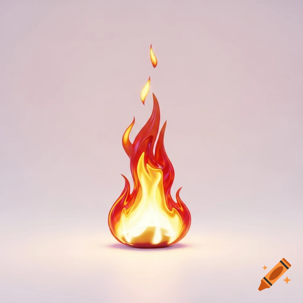 A vibrant 3D cartoon illustration of fire with yellow, orange, and red flames, set against a light background.