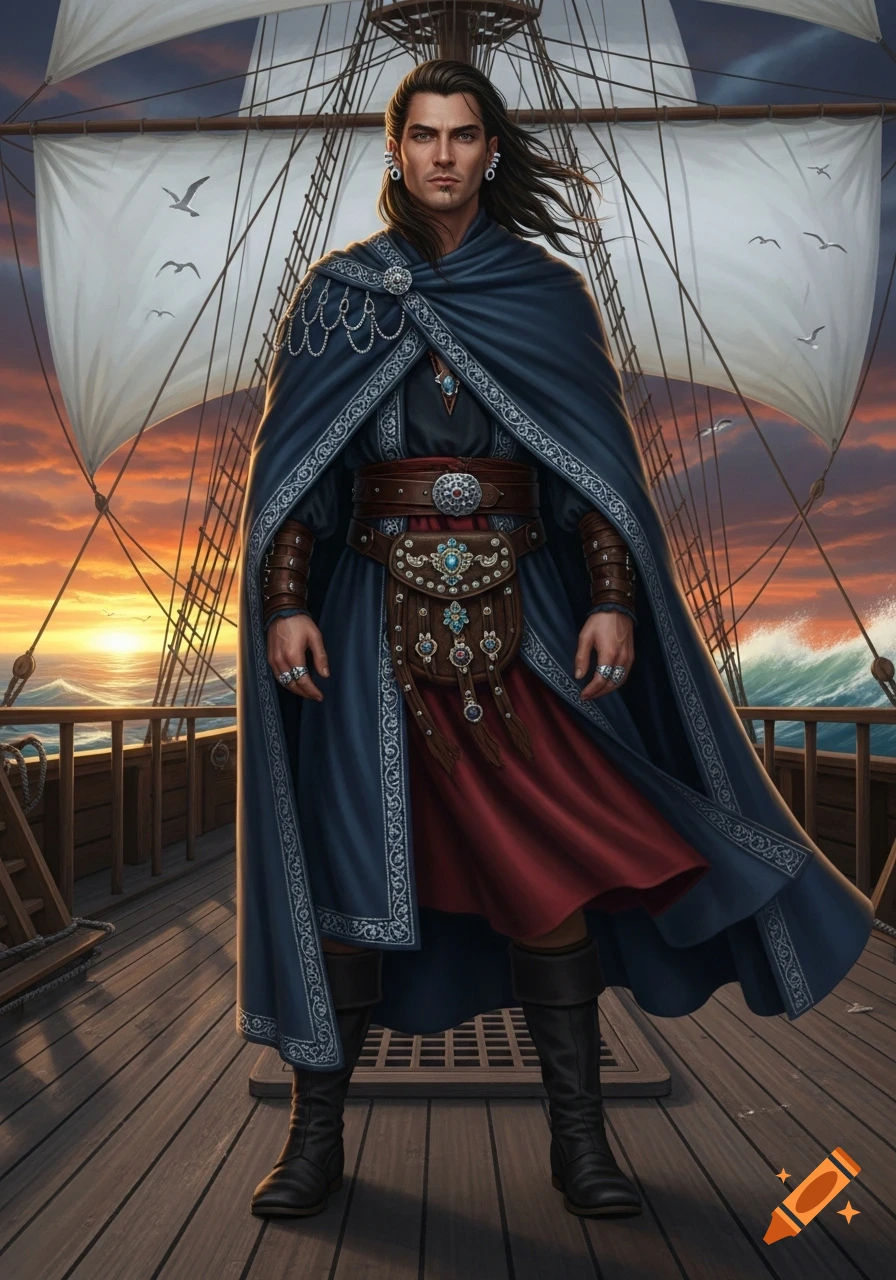 A man with long dark hair and a blue cape stands on a wooden ship deck at sunset, with sails and ocean waves in the background.