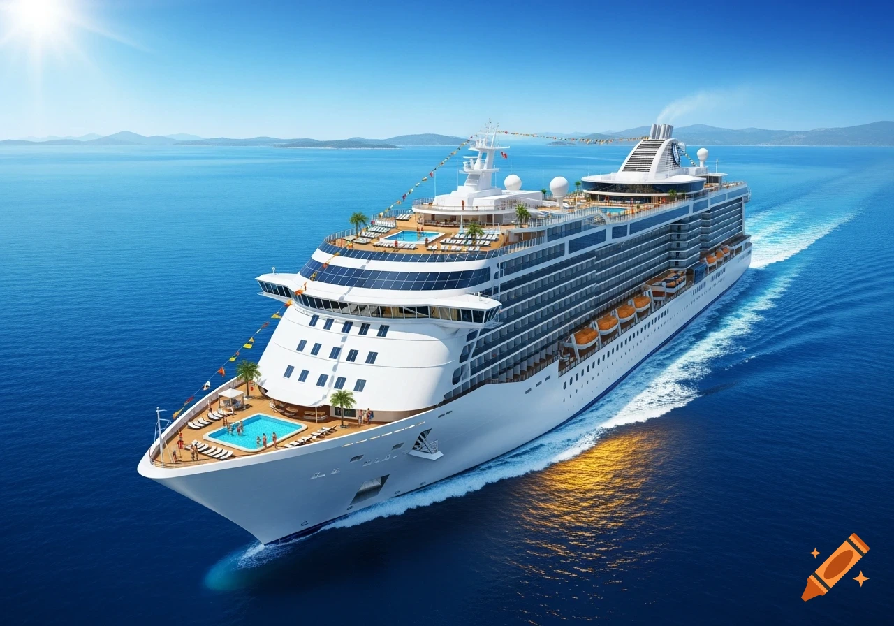 A large white cruise ship sails on a clear blue ocean under a sunny sky, with distant islands on the horizon in a photorealistic style.
