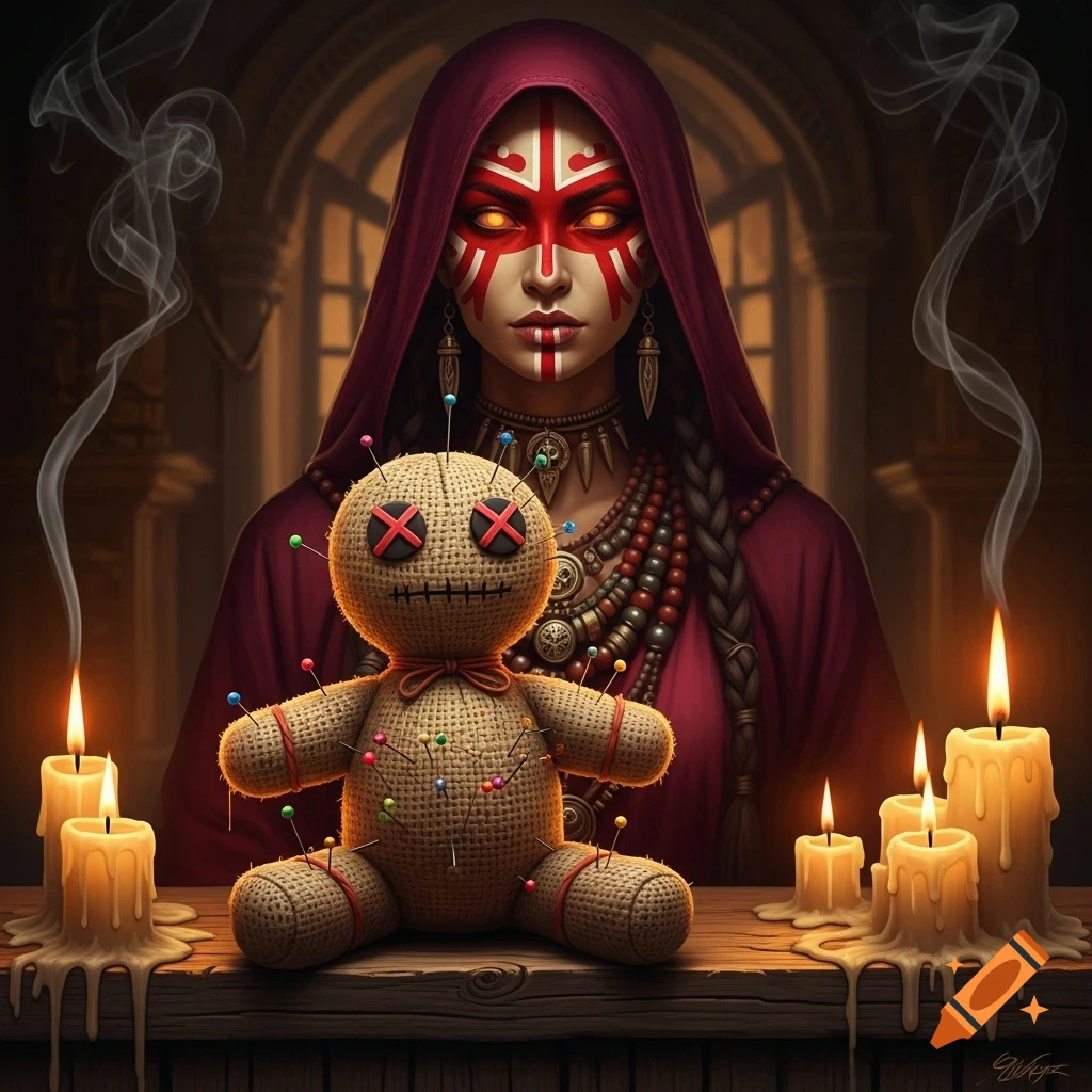 A voodoo doll with pins sits on a wooden table in front of a hooded voodoo priestess with red and white face paint and glowing eyes, surrounded by lit candles and smoke.