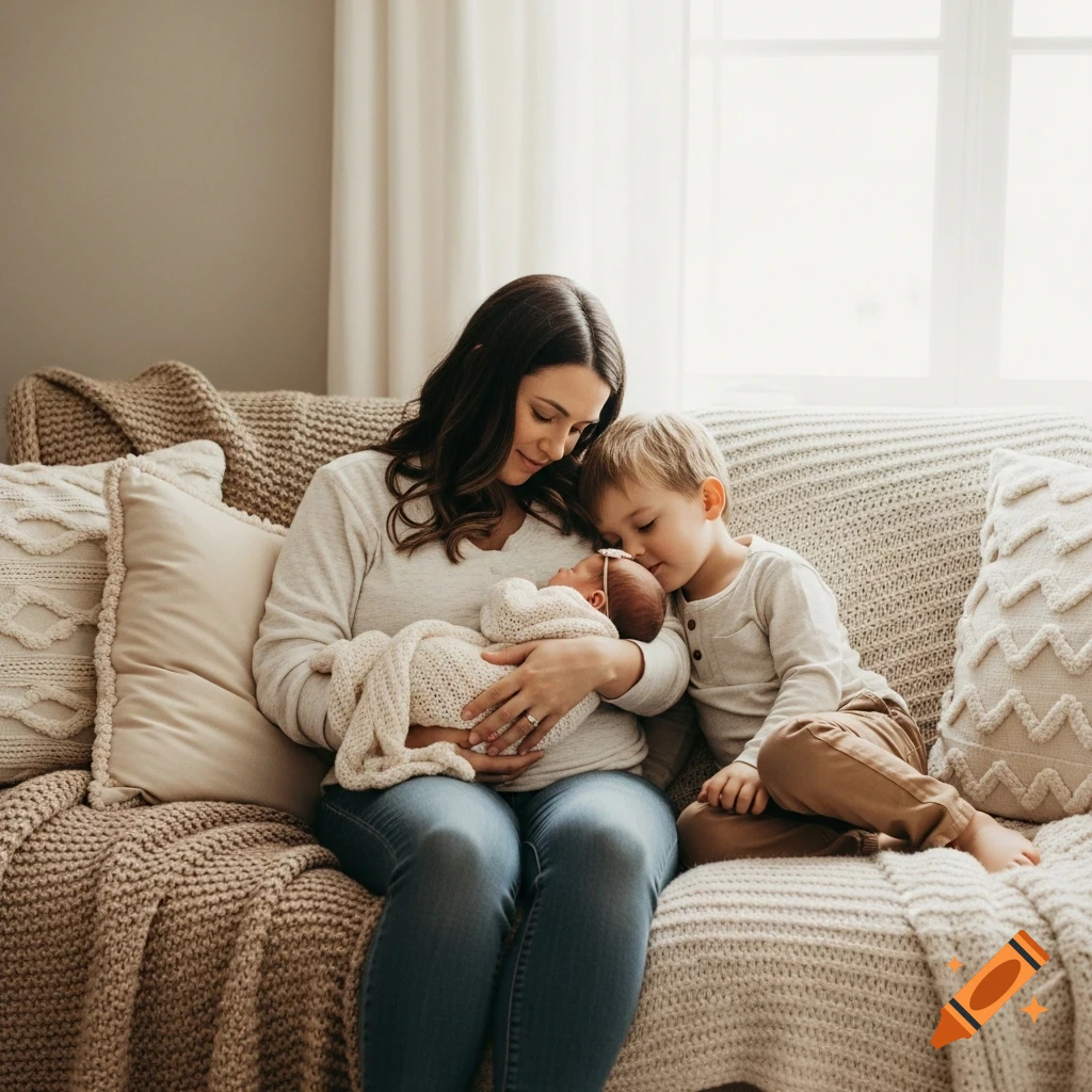 A mother sitting on a couch, holding her newborn baby wrapped in a blanket, while her young son leans against her.
