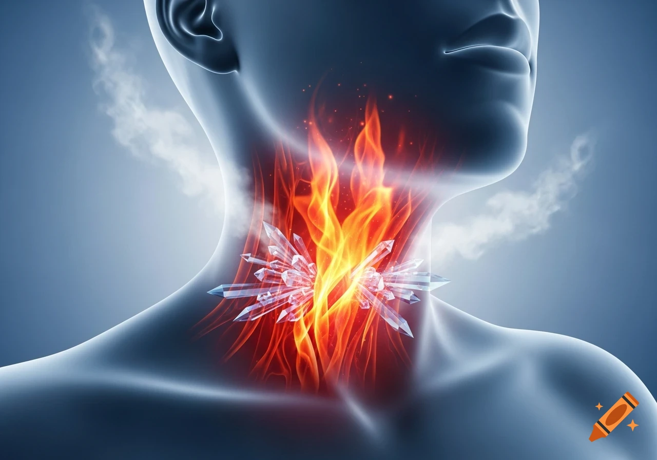 Stylized 3D render of a human neck and shoulders with flames and ice crystals in the throat area, illustrating a sore throat.