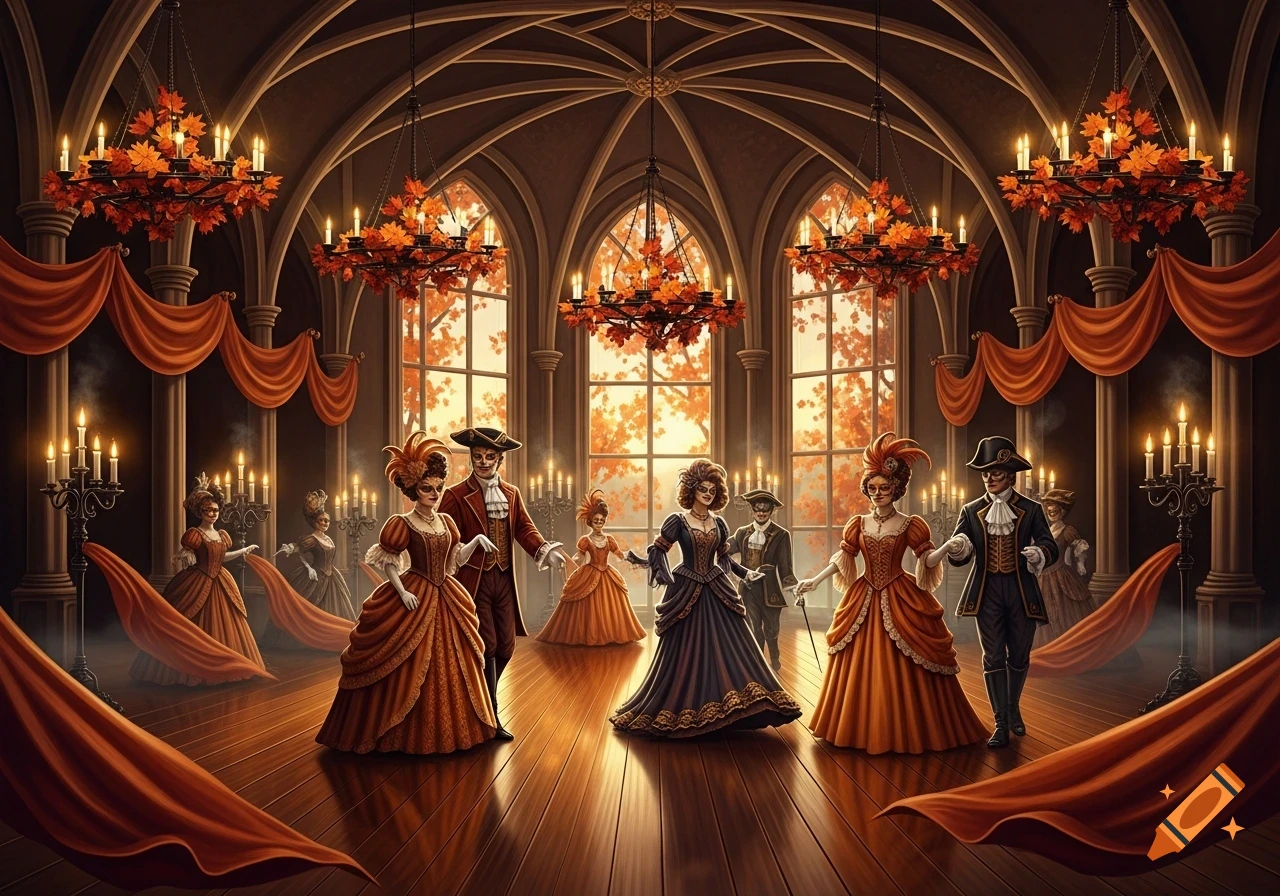 Costumed figures at a fall masquerade in a grand hall with autumn leaf chandeliers, orange drapes, and windows overlooking fall trees.