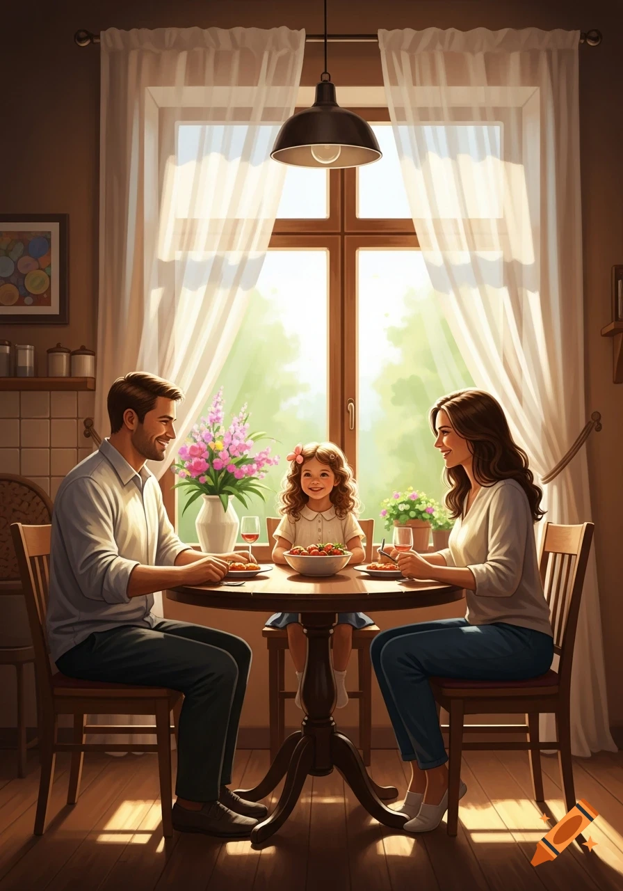 A family of three, including a little girl, smiles while having dinner at a round wooden table by a sunlit window.