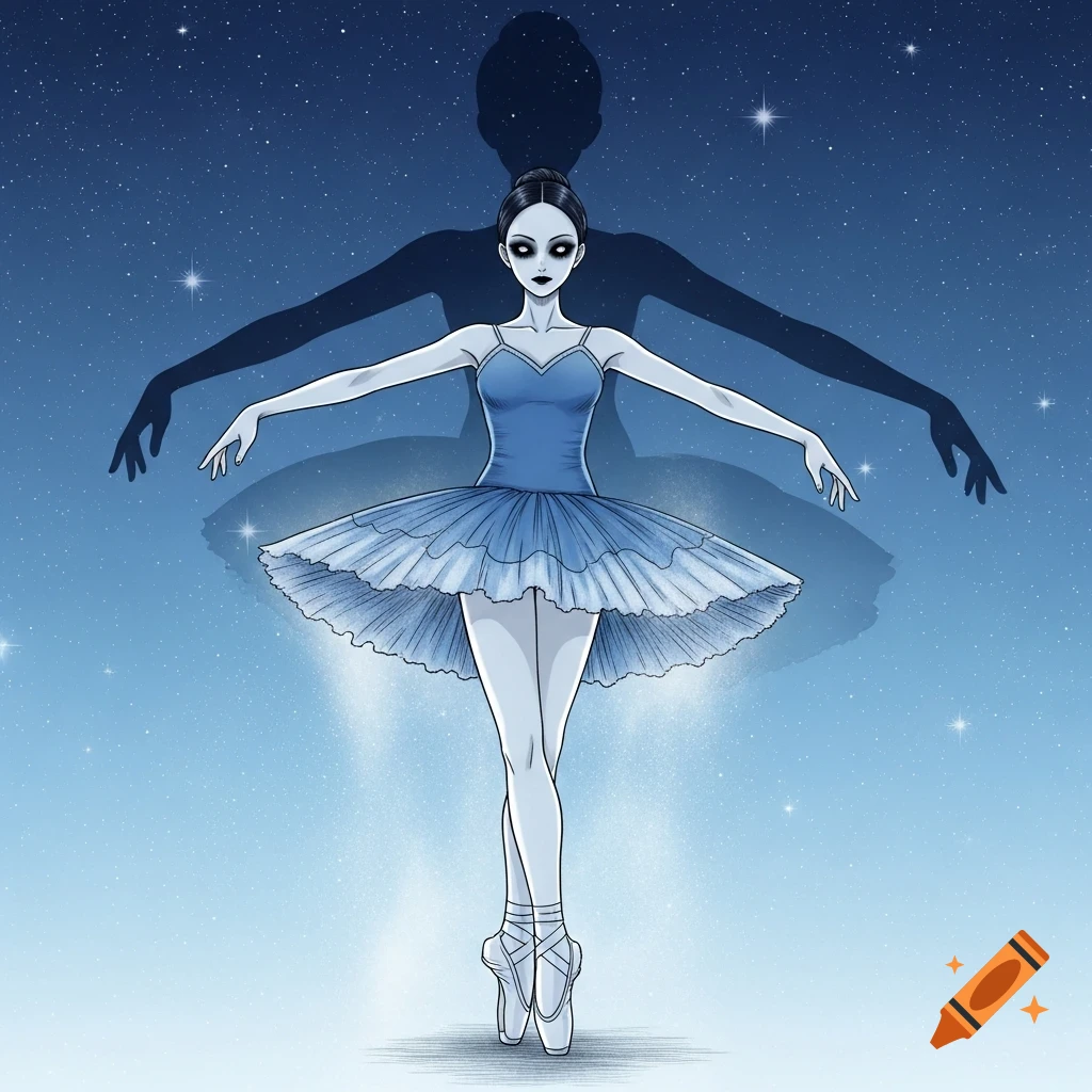 A pale, horror-style ballerina in a blue tutu with black eyes poses en pointe against a starry blue background with a dark shadow.