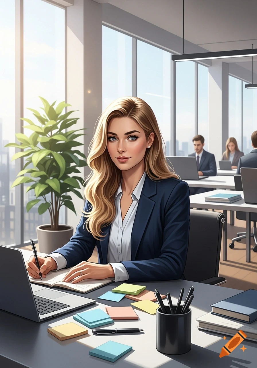 Illustrated blonde businesswoman working at a laptop and writing in a notebook in a modern office.