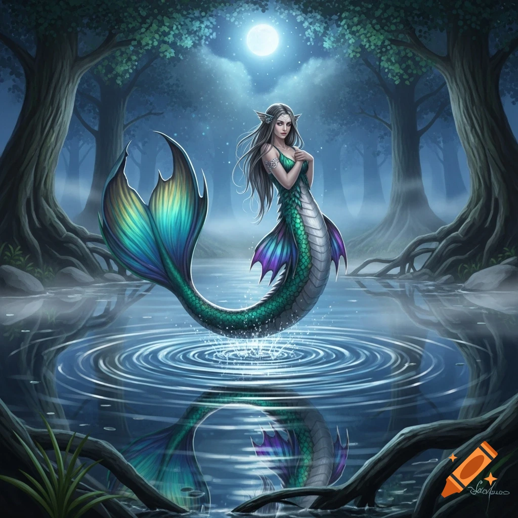 A beautiful mermaid with long dark hair and a vibrant green and blue scaled tail leaps from moonlit water in a mystical forest.