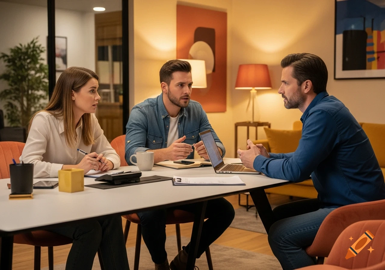 Three colleagues, two men and one woman, are engaged in an anxious discussion around a table with a laptop in a modern office.