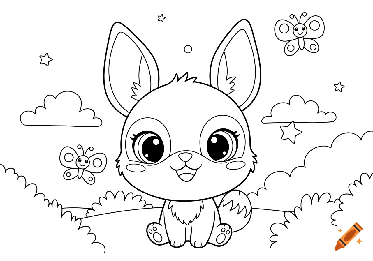 Black and white coloring page of a cute cartoon fox-like animal with big eyes, sitting among bushes, clouds, and butterflies.