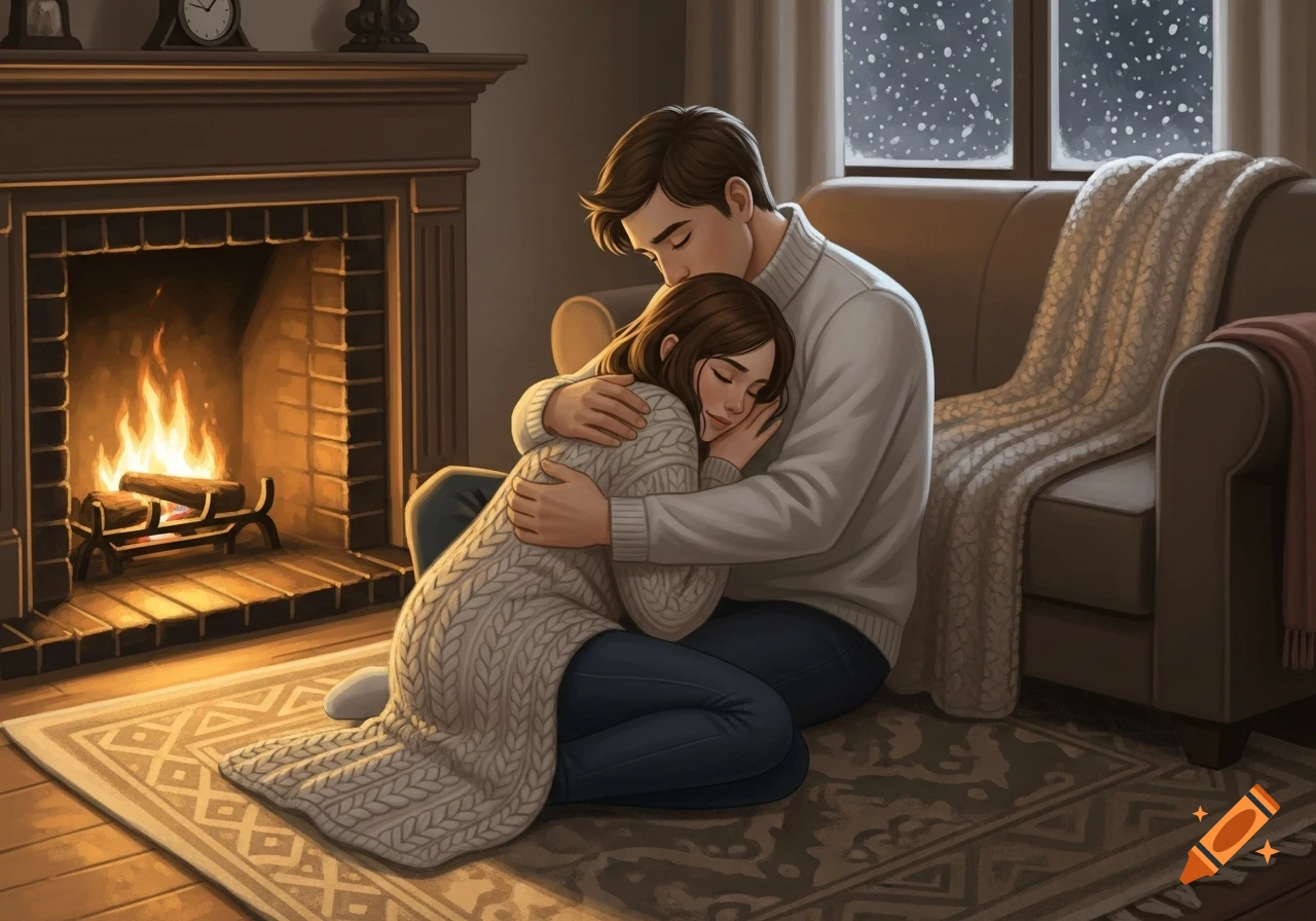 An illustrated man and woman embrace by a warm fireplace in a cozy room as snow falls outside.