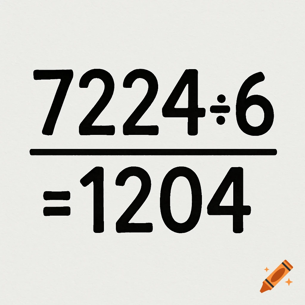 A mathematical equation showing 7224 divided by 6 equals 1204, displayed in black text on a light background.