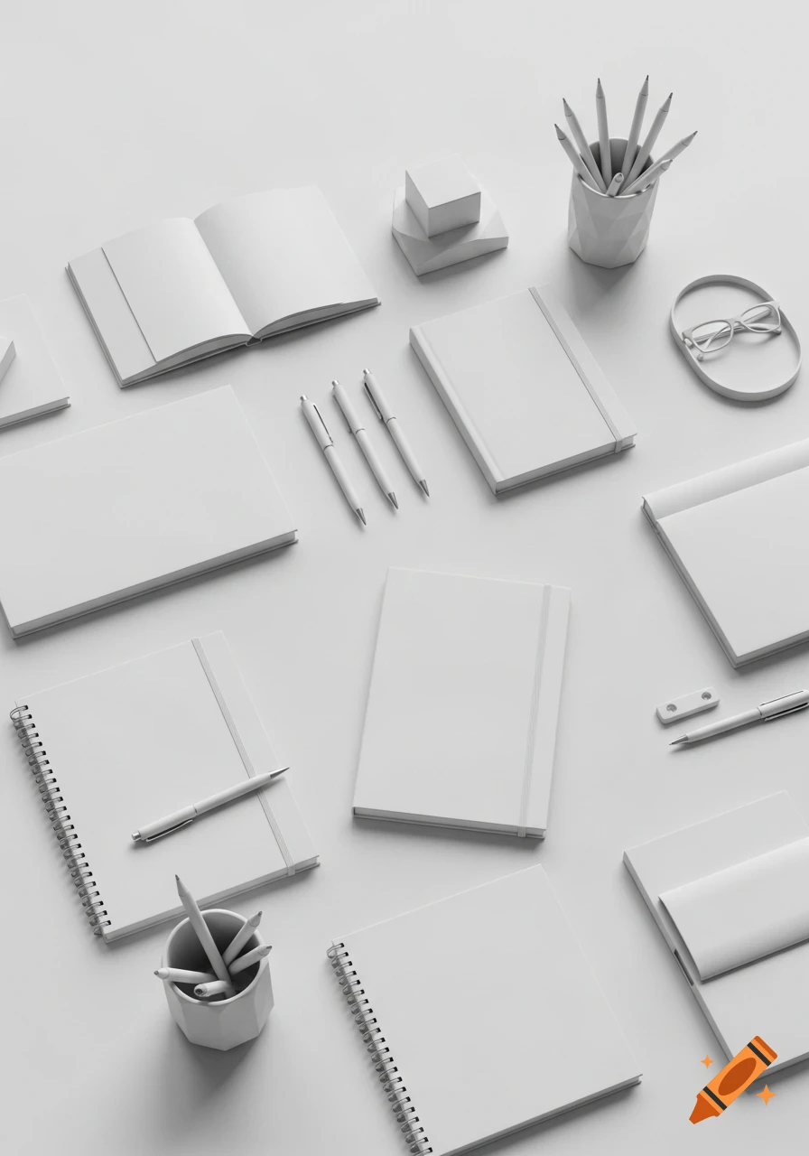 A top-down view of white minimalist office supplies, including notebooks, pens, a pencil holder, and eyeglasses, on a white surface.