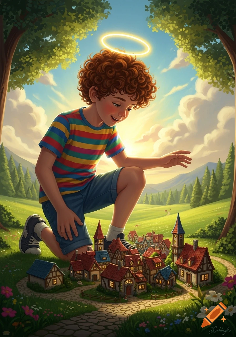 A whimsical illustration of a curly-haired boy with a halo kneeling to look at a miniature village in a sunny green field.