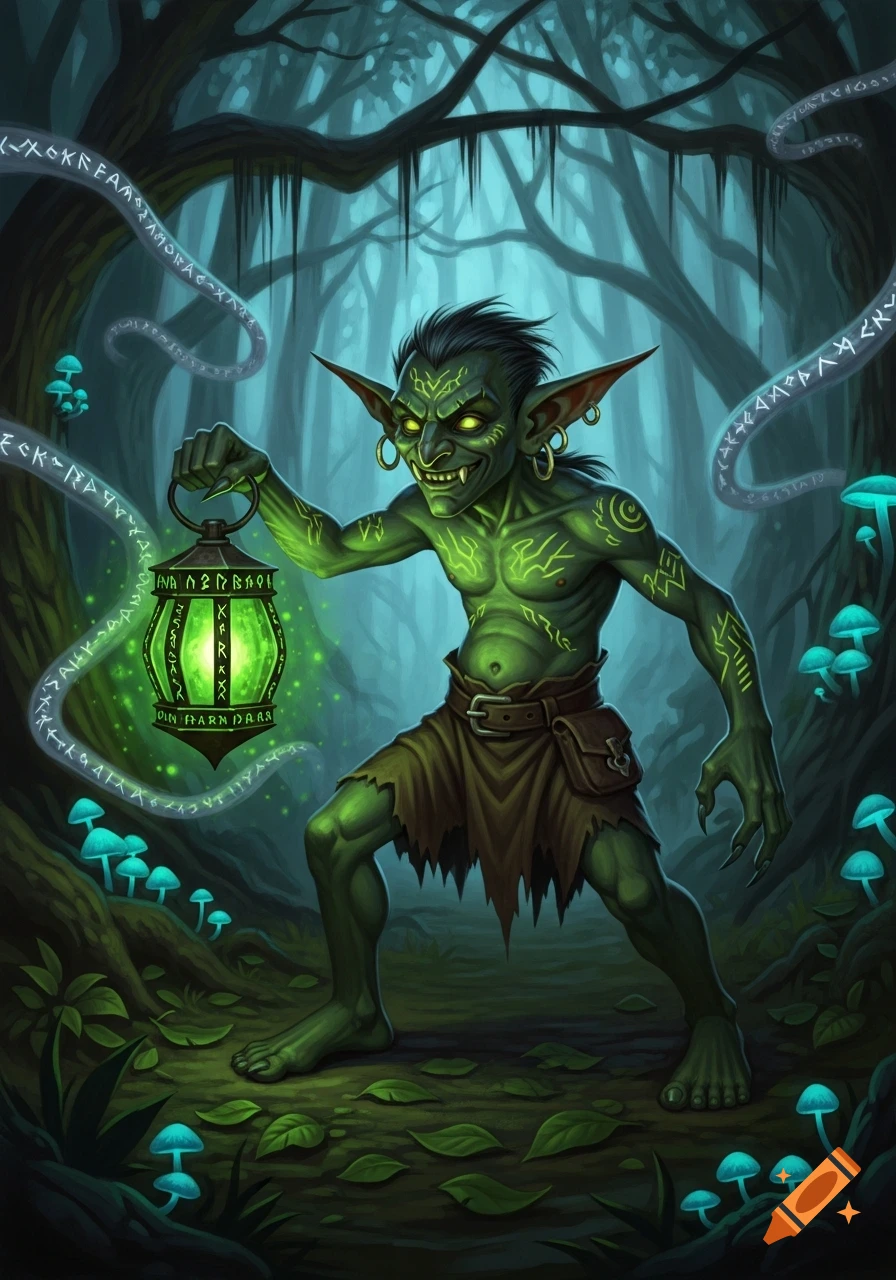 A grinning, green-skinned goblin with glowing eyes and tattoos holds a glowing green lantern in a dark, mystical forest with blue mushrooms and floating runes.