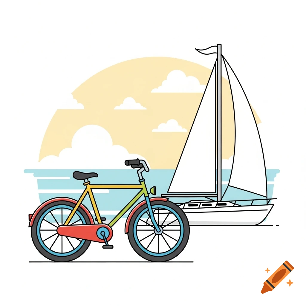 Cartoon illustration of a colorful bicycle next to a white sailboat on the water under a yellow sky with clouds.