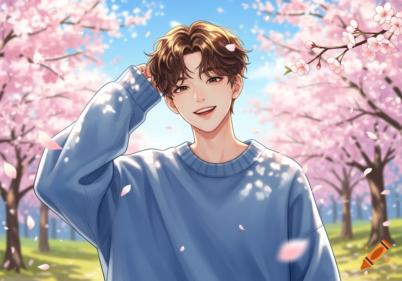 Smiling anime boy with brown hair in a blue sweater, surrounded by pink cherry blossoms under a blue sky.