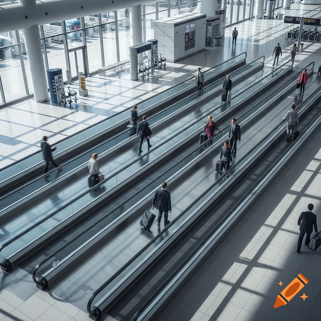 Overhead view of a modern airport terminal with multiple moving sidewalks bustling with travelers and their luggage.