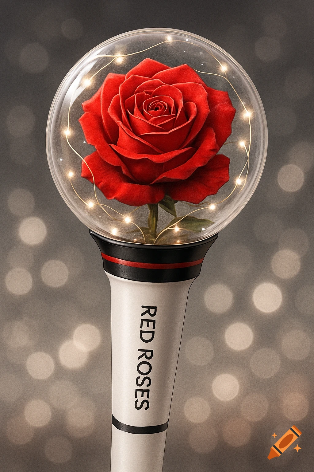 A K-pop lightstick with a red rose and string lights inside a clear sphere, on a white handle saying "RED ROSES" with a bokeh background.