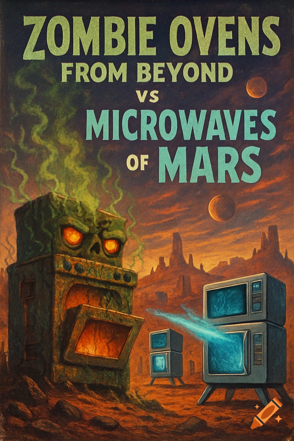 Retro sci-fi book cover: A zombie oven with glowing eyes battles microwaves on a desolate Martian landscape. Text: ZOMBIE OVENS FROM BEYOND VS MICROWAVES OF MARS.