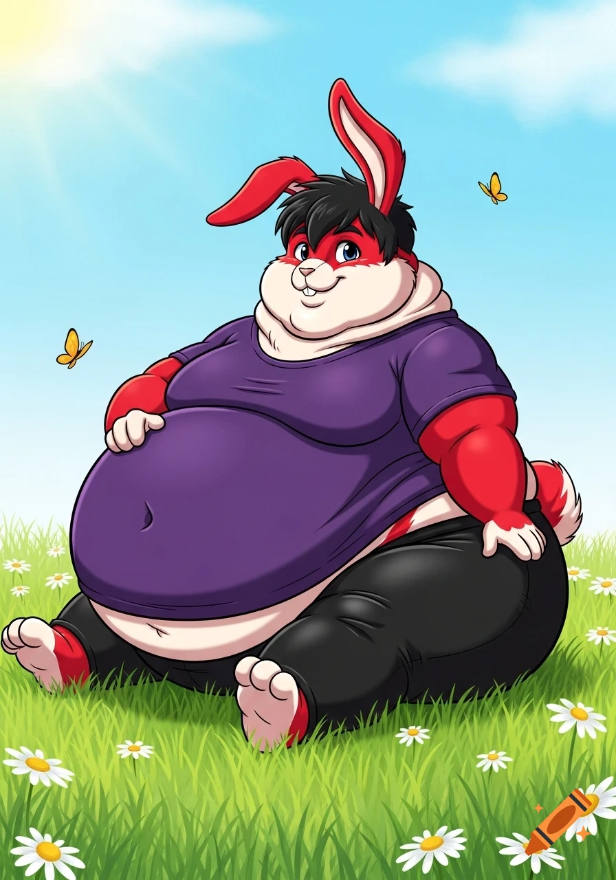Extremely obese red and white furry bunny in a purple t-shirt and black pants sitting in a grassy field with daisies, cartoon style.