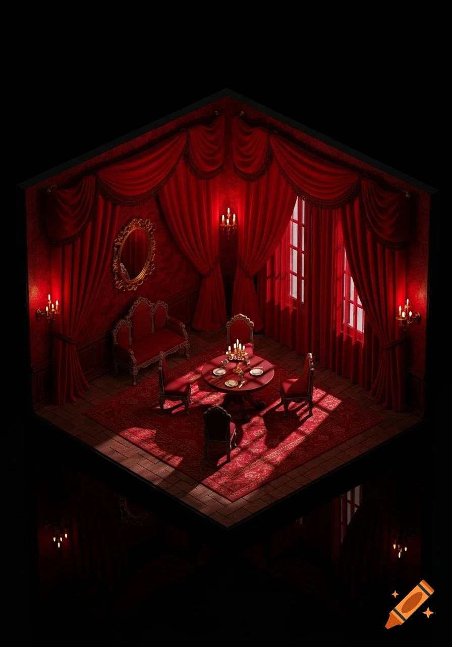 Isometric 3D render of a gothic room with red velvet drapes, antique furniture, and dramatic lighting.