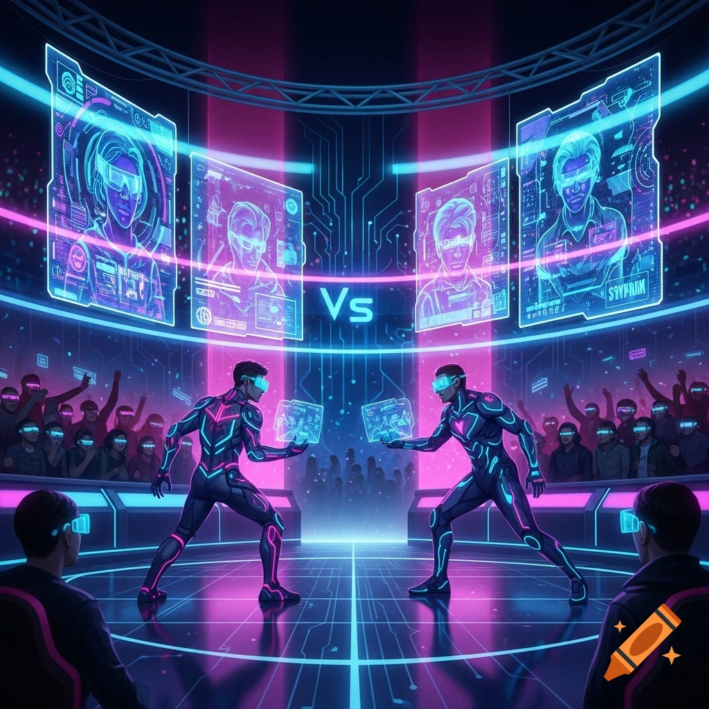 Two people in glowing cybernetic suits and VR headsets compete in a futuristic virtual arena with holographic screens, watched by an audience.