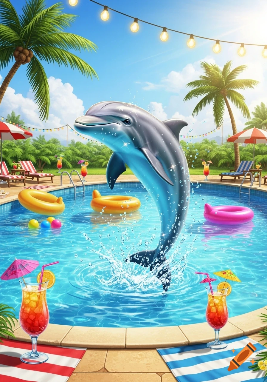 A vibrant illustration of a dolphin leaping from a swimming pool surrounded by palm trees, party lights, and tropical drinks.