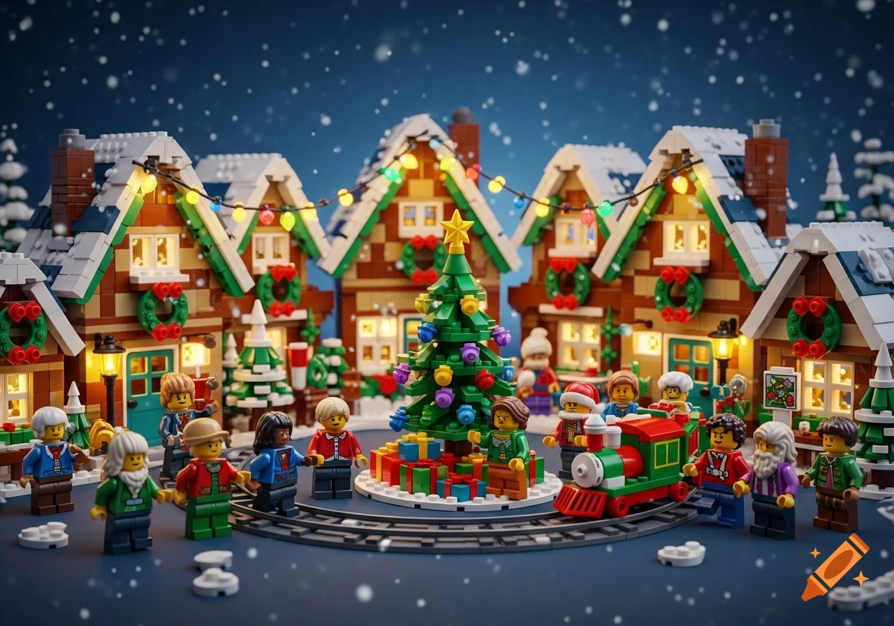 A vibrant Lego Christmas village scene with snow-covered houses, a decorated tree, a train, and diverse minifigures.