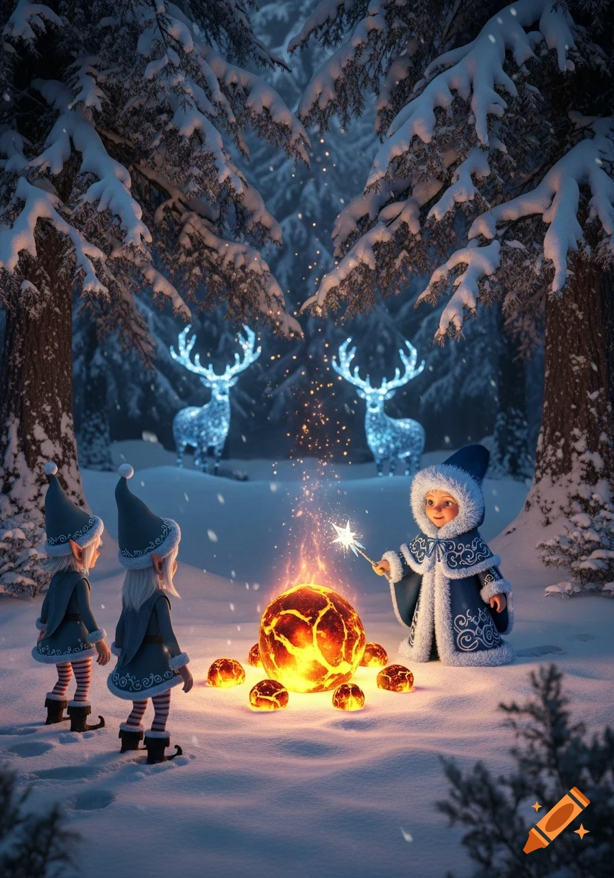Magical winter forest scene with elves, a glowing orb, and luminous deer silhouettes.