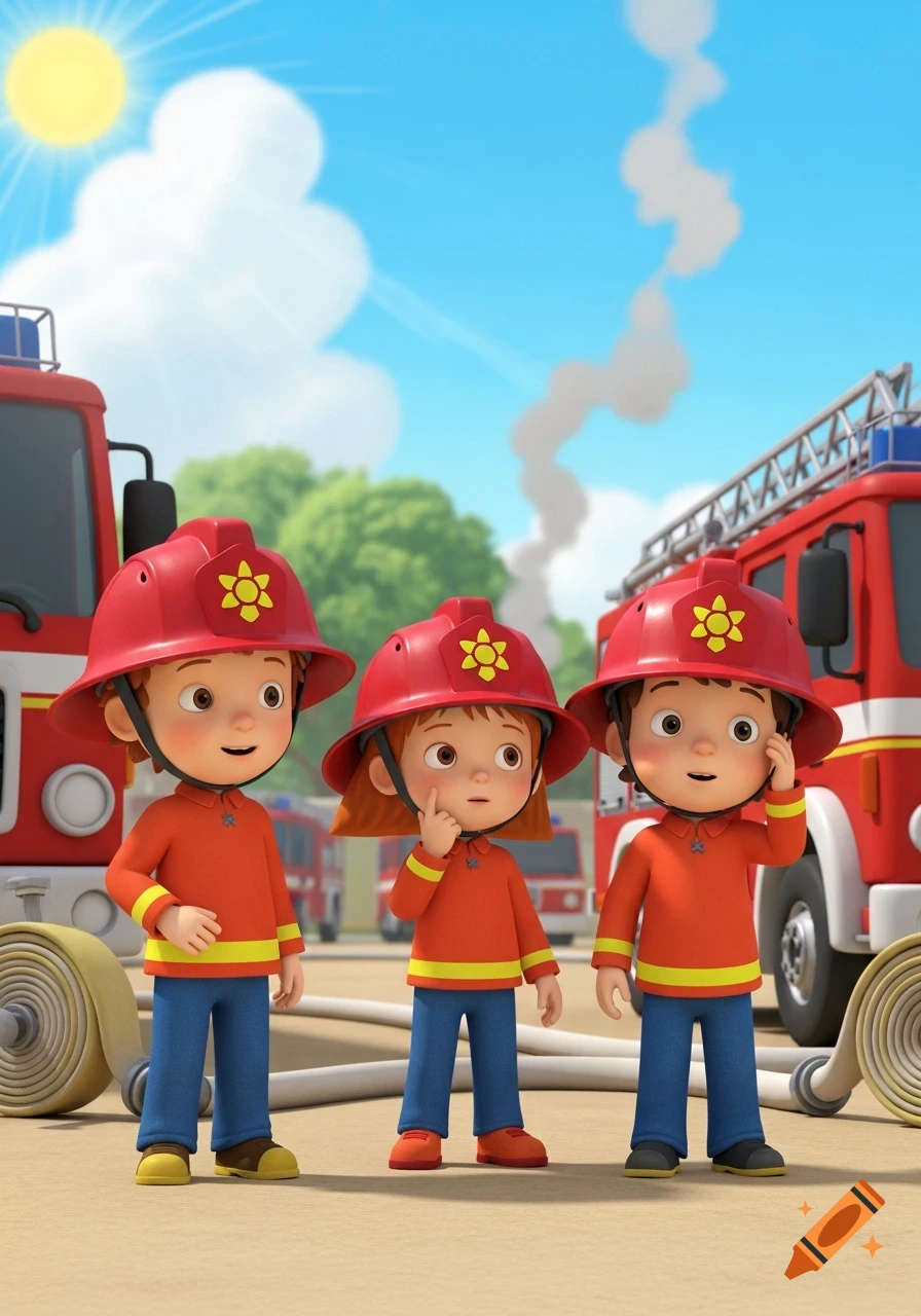 Three cartoon children in red firefighter helmets and orange uniforms stand in front of fire trucks under a sunny sky with smoke.