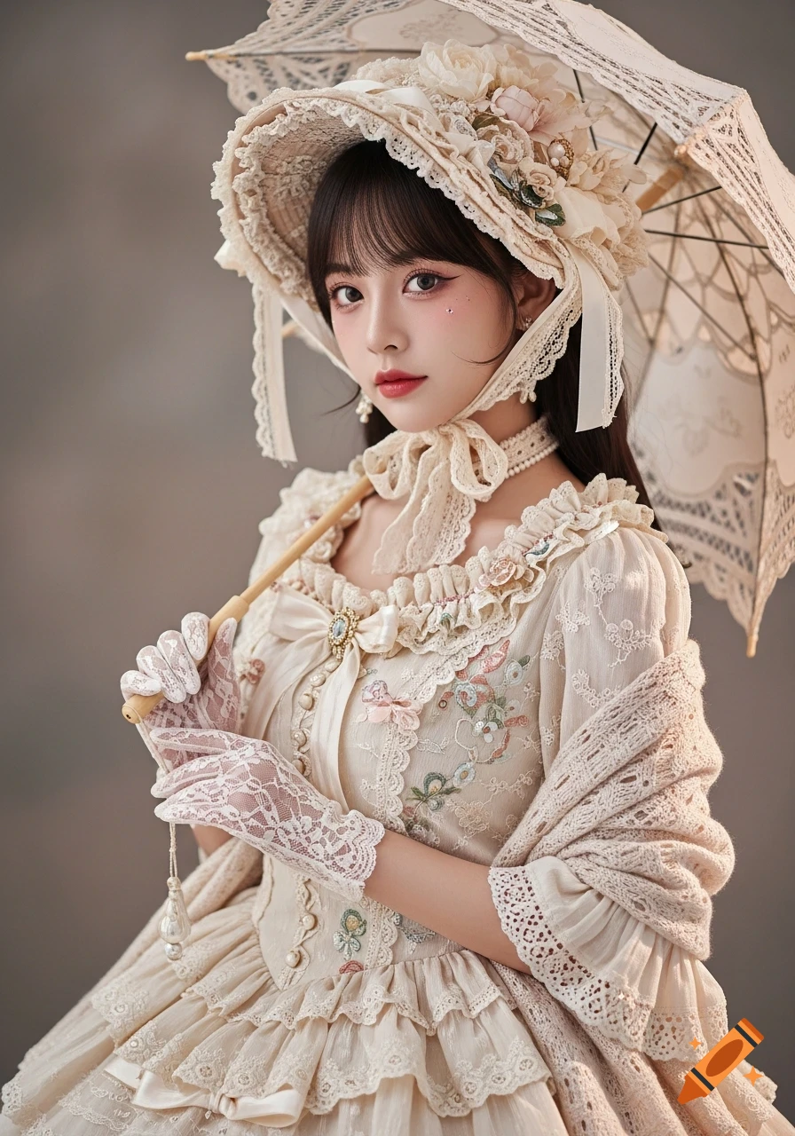 Photorealistic portrait of a young woman in a cream ruffled Victorian-style dress, lace gloves, and hat, holding a lace parasol.
