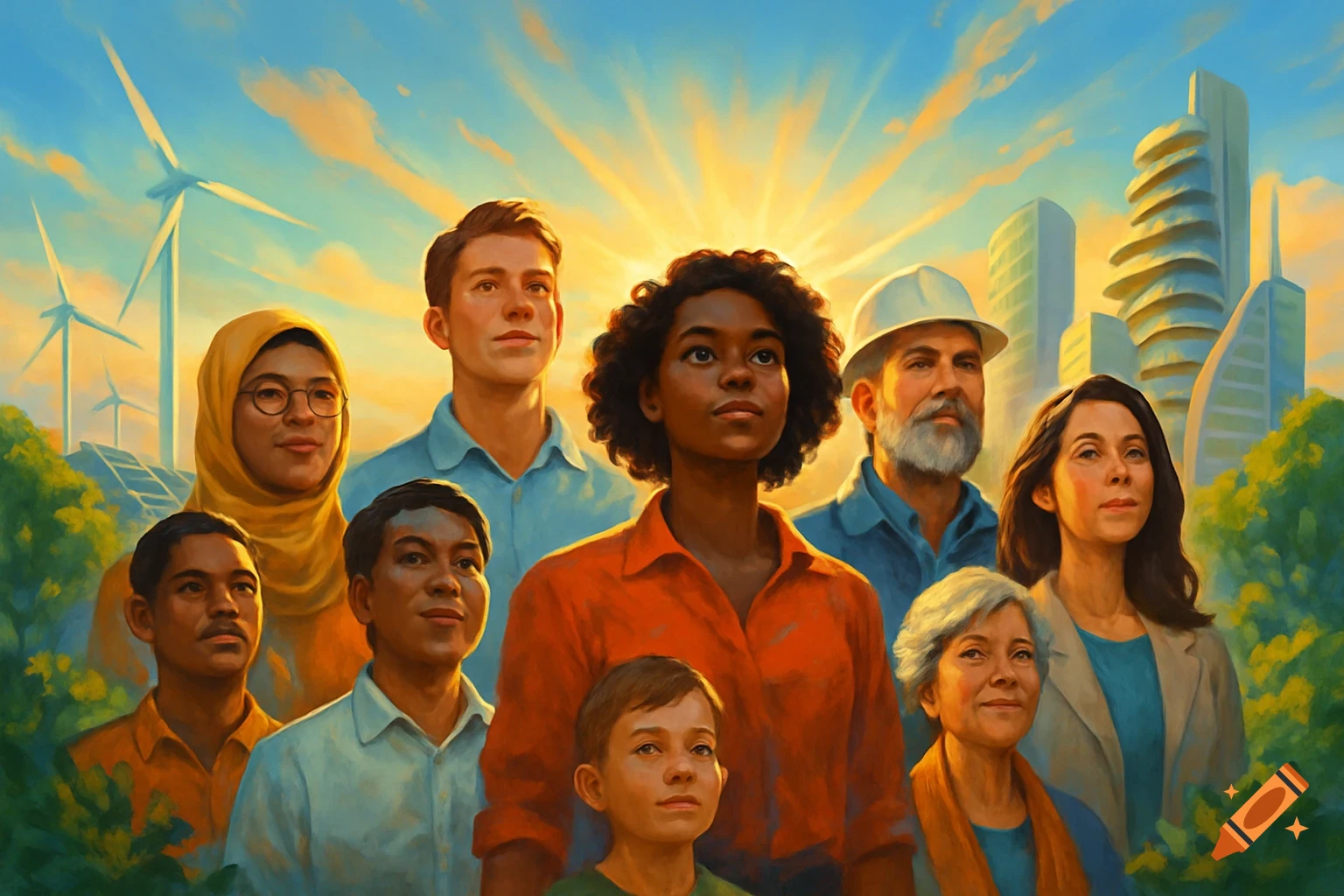 Diverse group of people looking hopefully forward, with wind turbines, solar panels, and modern buildings under a sunny sky in an illustrative style.