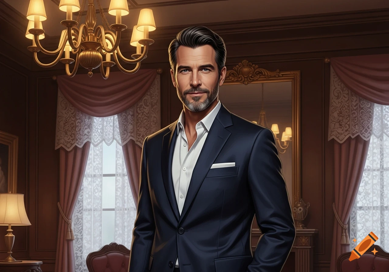A charming, dark-haired man with a short beard, wearing a suit, stands in a richly decorated room with a chandelier.