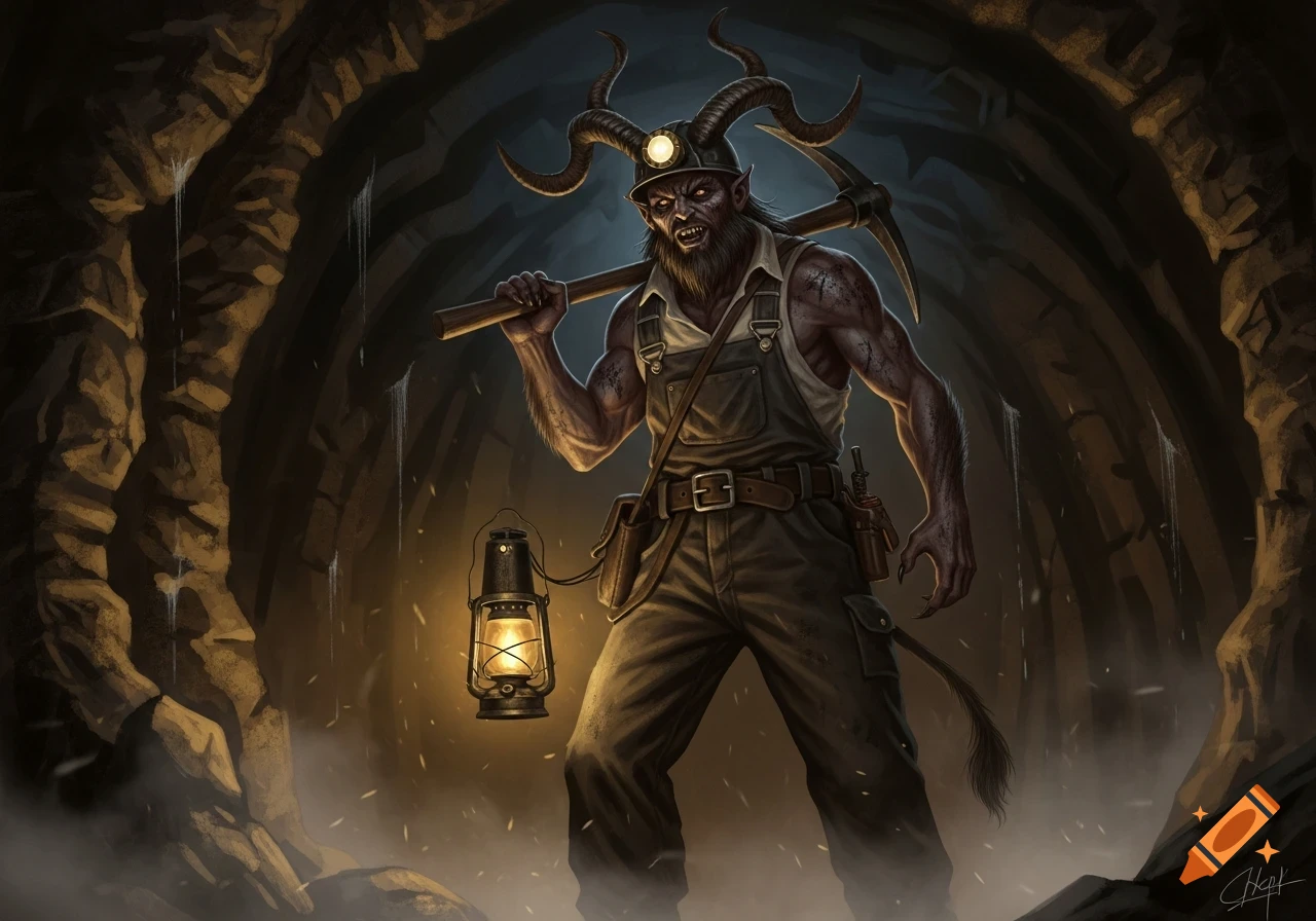 A menacing Krampus in miner's overalls, hard hat, and headlamp, holding a pickaxe and lantern, standing in a dark mine tunnel. Detailed digital illustration.