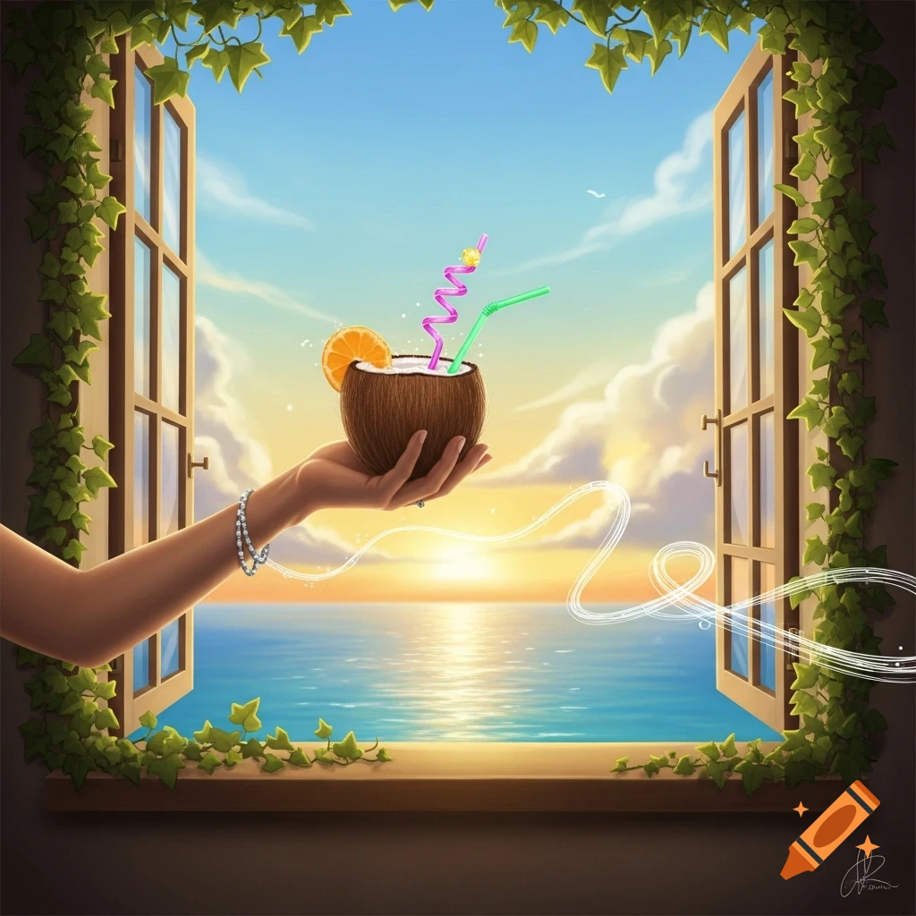 A hand holds a coconut drink with colorful straws and an orange slice, reaching out of an ivy-covered window overlooking a sunny ocean.