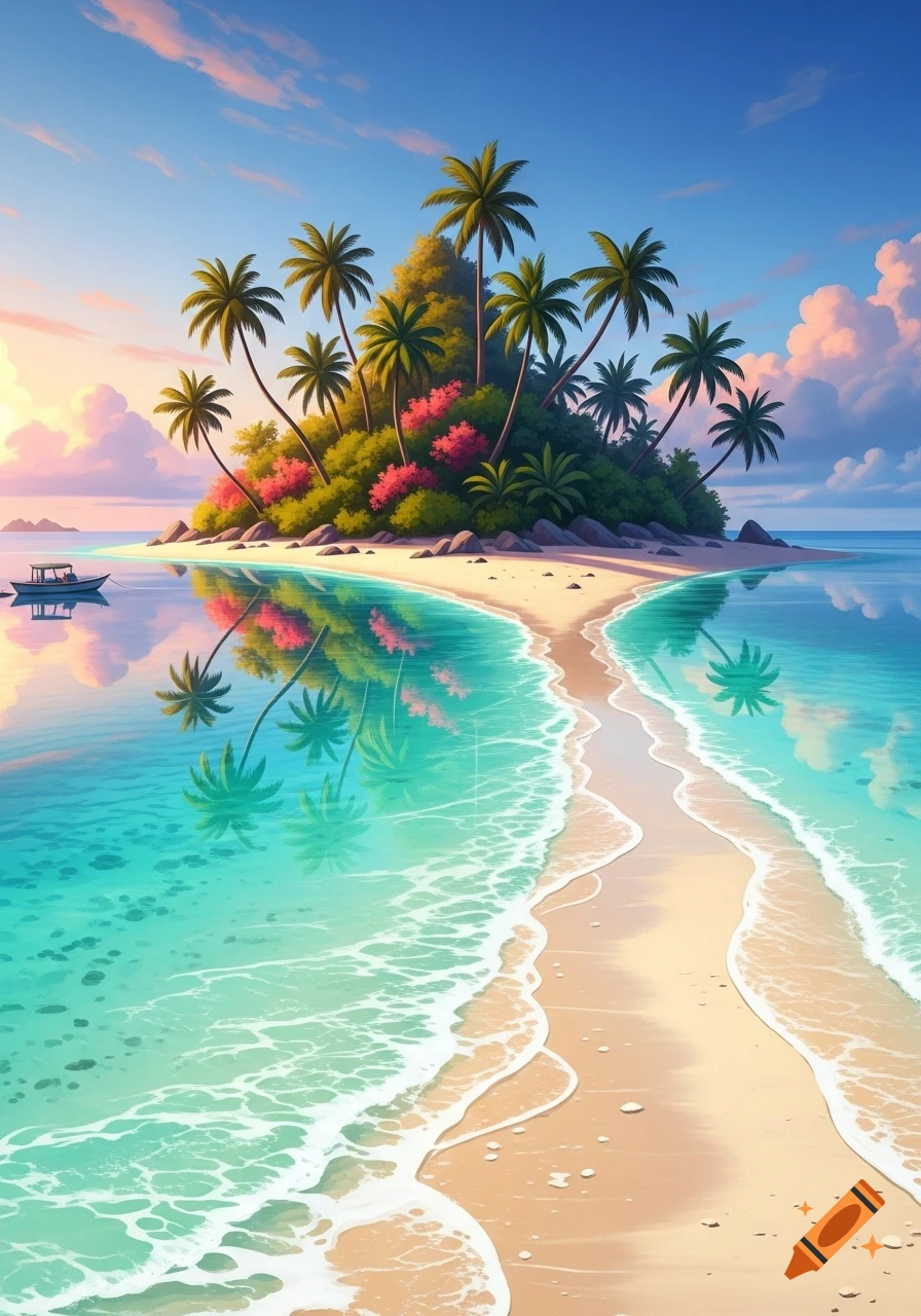 Vibrant digital art of a tropical island with palm trees and flowers on a sandy beach, clear blue ocean, and a small boat.