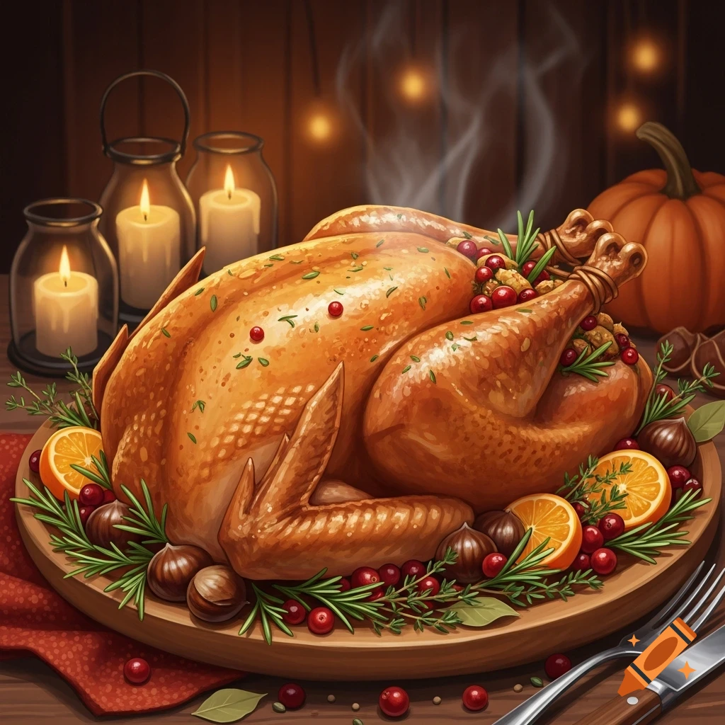 A golden roasted turkey garnished with cranberries, orange slices, and rosemary on a wooden platter, with lit candles and a pumpkin in the background.