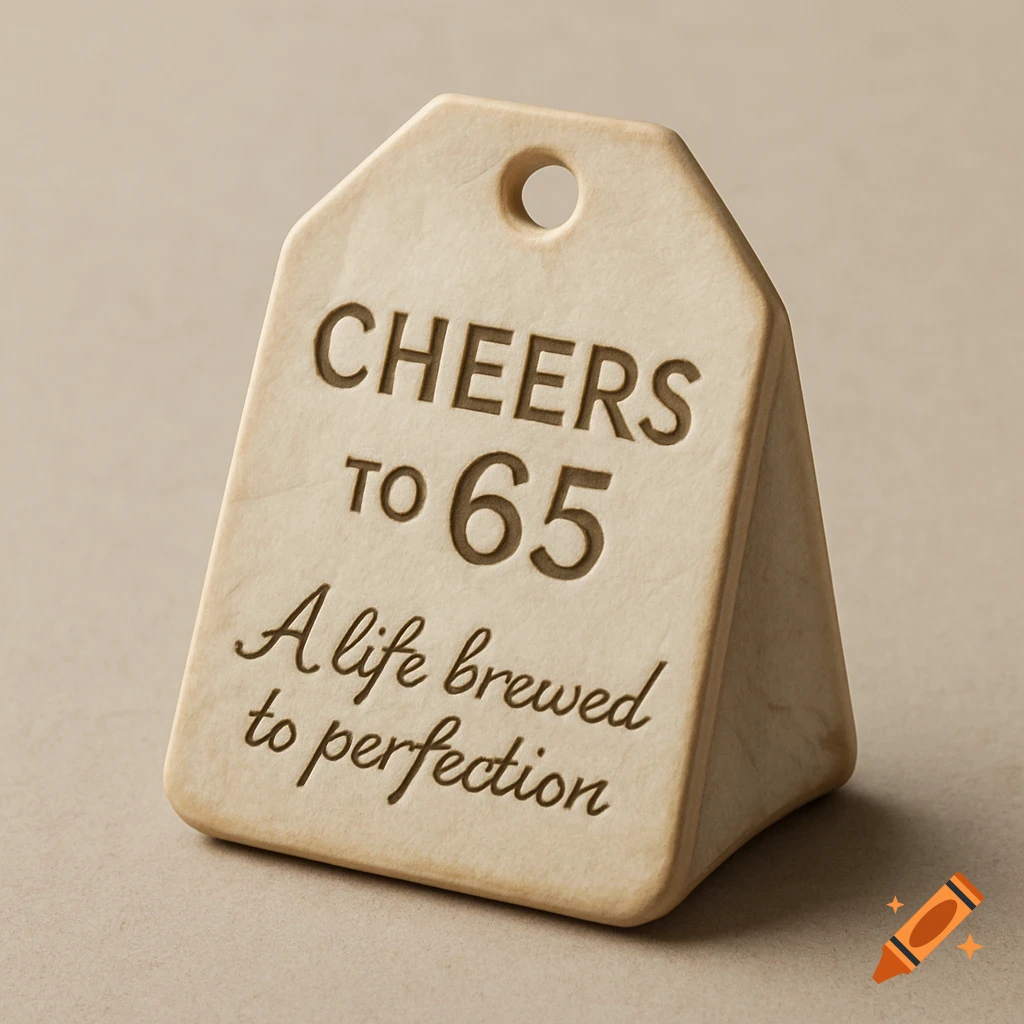 A light beige, tea bag-shaped tag with 'CHEERS TO 65' and 'A life brewed to perfection' engraved on its front, featuring a top hole.