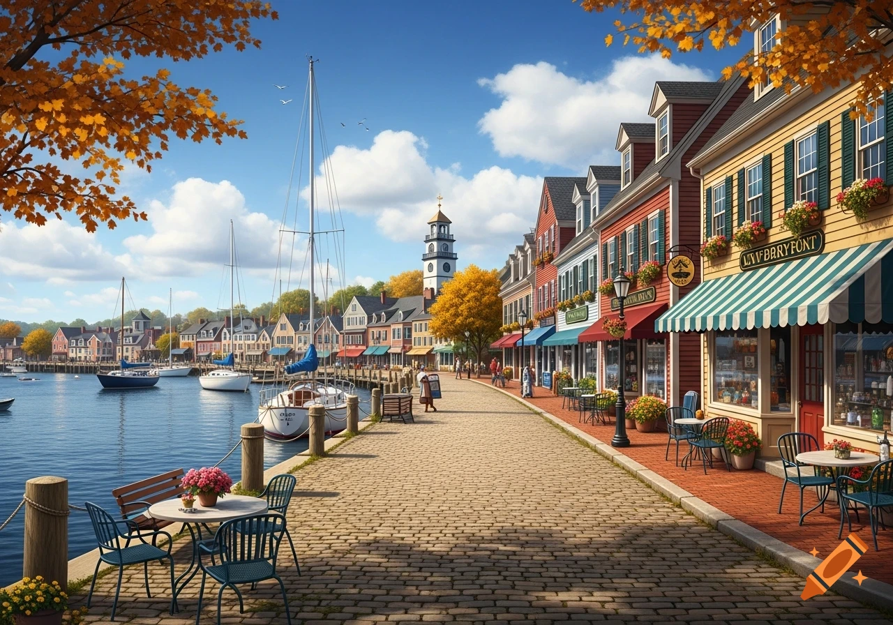 A vibrant autumn scene of a scenic harbor town, with colorful buildings lining a cobblestone walkway and sailboats docked in the water under a blue sky.