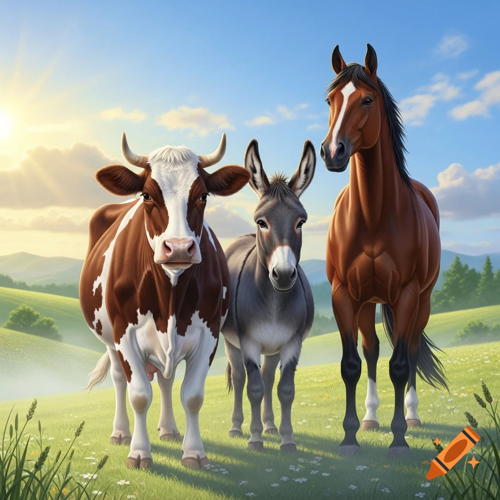 A photorealistic image of a cow, a donkey, and a horse standing together in a sunny, green meadow with hills.