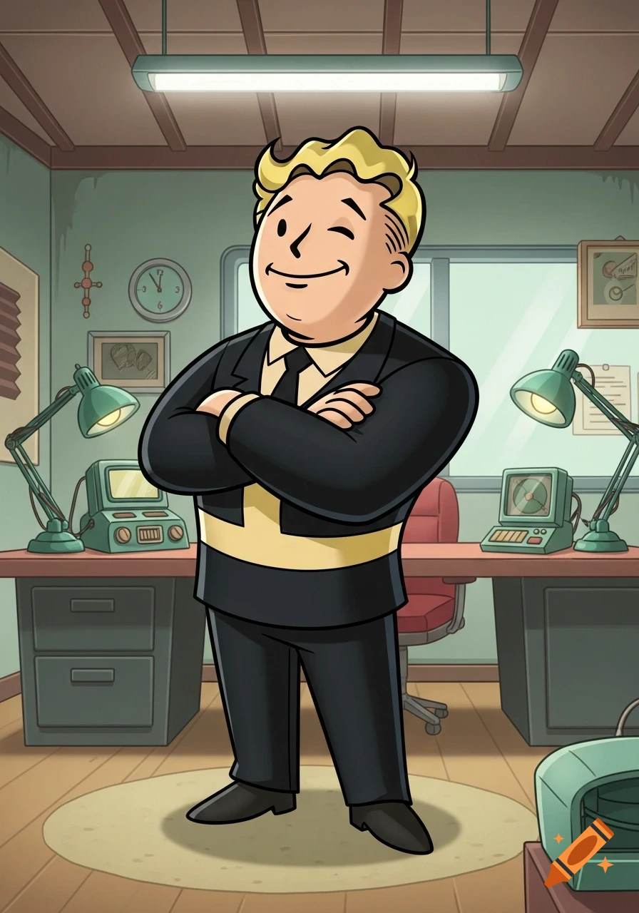 A cartoon Vault Boy from Fallout, wearing a black business suit and winking, stands in a retro office.