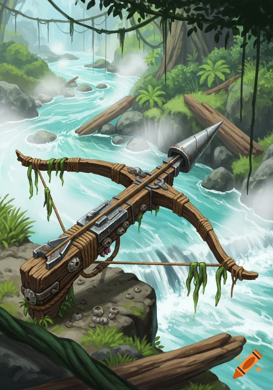 A Ghibli-inspired painterly illustration of a makeshift crossbow on a cliff overlooking a tropical river in a lush jungle.