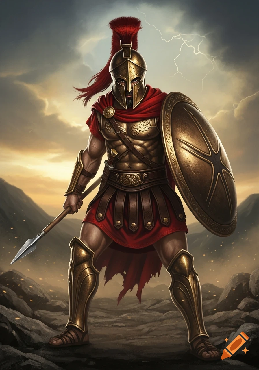 Muscular Spartan warrior in bronze armor and red cape stands on rocky ...